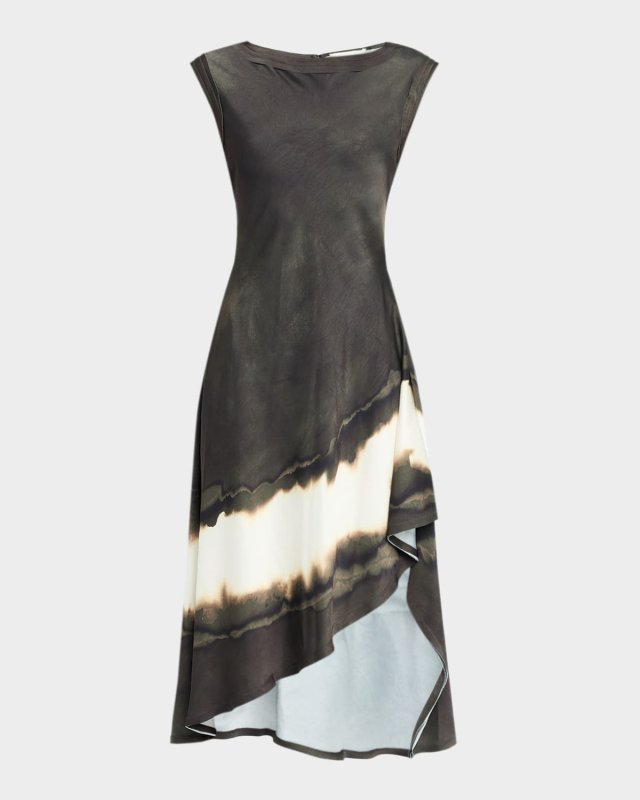 Burned Stripe Crinkled Satin Asymmetric Midi Dress